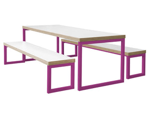 Frovi Block Steel Colour Table And Bench With White Finish And Pink Frame