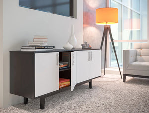 Frovi Jig Credenza High Storage Unit With Black Oak Cabinet And White Doors In Office