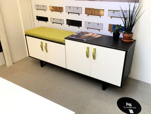 Frovi Jig Credenza Low High Storage Unit With Black Cabinet And White Doors With Yellow Half Seat Pads In Showroom