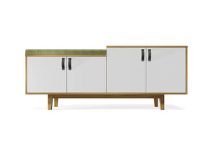 Frovi Jig Credenza Low High Storage Unit With White Doors And Green Half Seat Pads