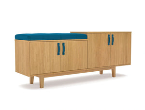 Frovi Jig Credenza Low High Storage Unit With Wood Cabinet Finish And Blue Half Seat Pads
