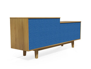Frovi Jig Credenza Low High Storage Unit With Wood Finish And Blue Upholstered Back Panel