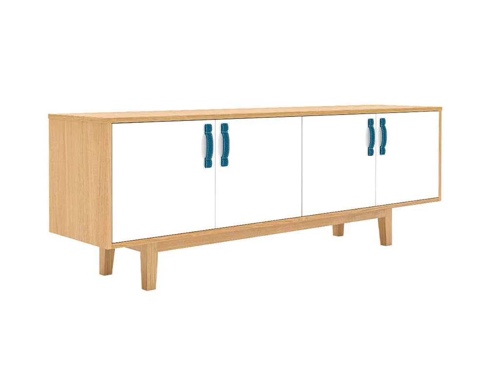 Frovi Jig Credenza Low Storage Unit With Natural Oak Cabinet White Doors And Blue Upholstered Handles