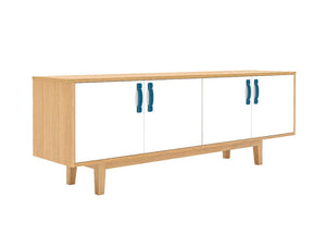 Frovi Jig Credenza Low Storage Unit With Natural Oak Cabinet White Doors And Blue Upholstered Handles