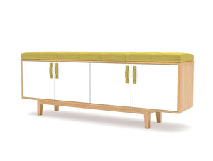 Frovi Jig Credenza Low Storage Unit With Natural Oak Cabinet And White Doors And Full Length Gold Seat Pads