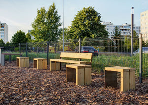 Gavarres Wooden Modular Outdoor Chair with Wooden Bench in Outdoor Setting 3