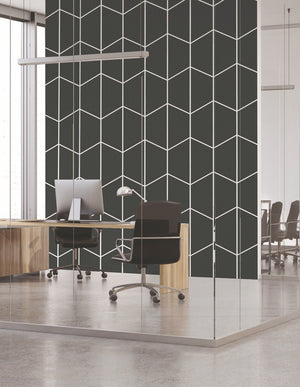 Ezoboard Geo Tile Wall Panels In Black Finish With Wooden Table And Cupboard In Office Setting