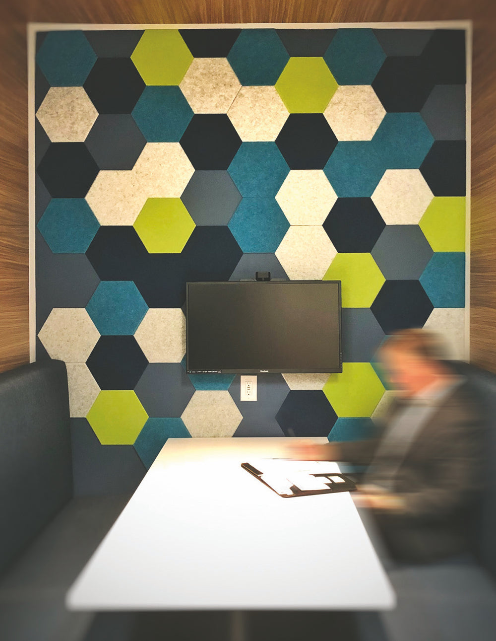 Ezoboard Geo Tile Wall Panels In Blue Finish With Modular Sofa And White Top Rectangular Table In Office Setting