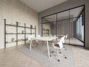 Gesture Meeting Room Chair in 5 Star Base on Castors with Iris Modular Shelving Unit and Key Meeting Room Table in Modern Office Setting