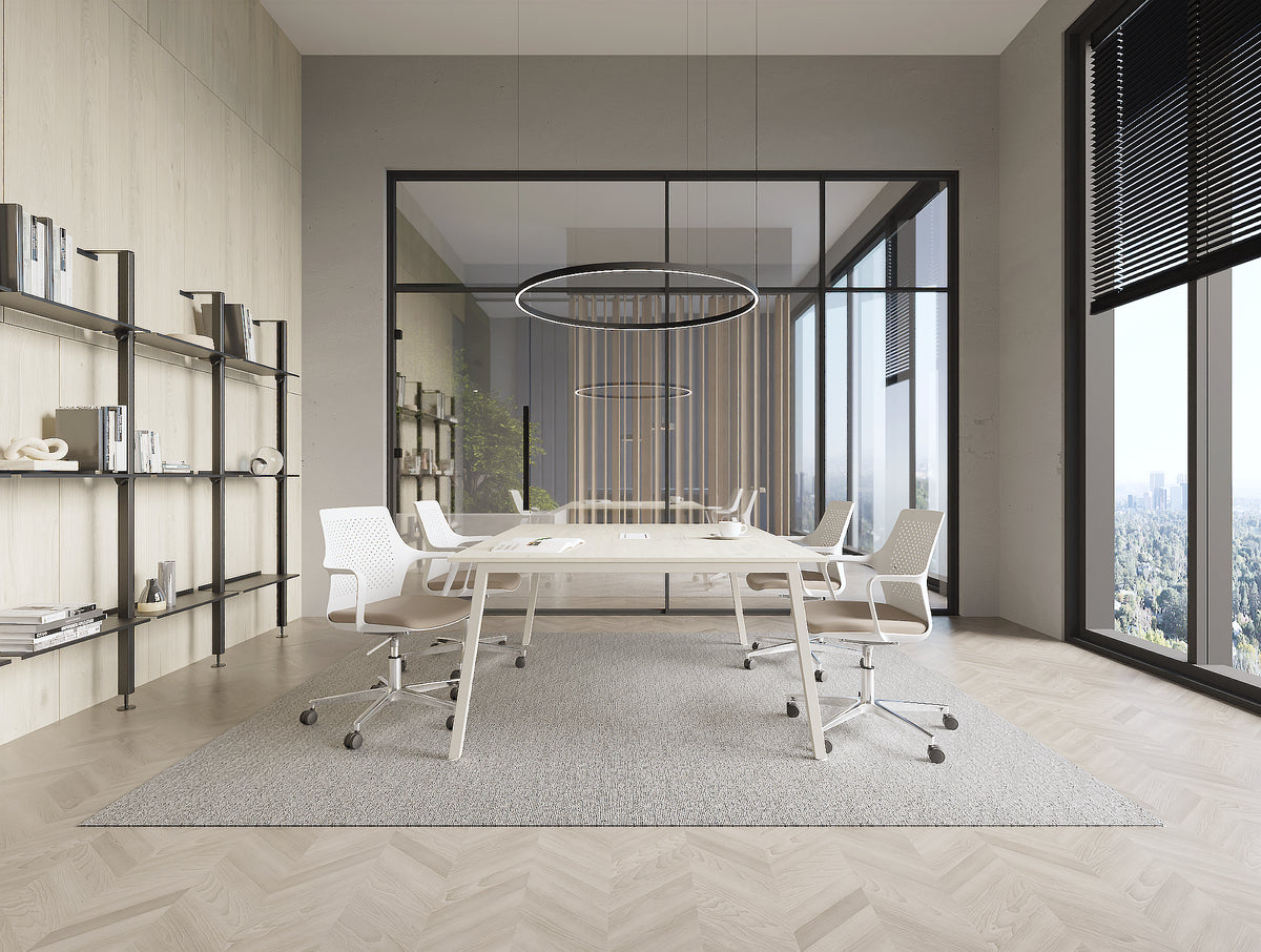 Gesture Meeting Room Chair in 5 Star Base on Castors with Key Meeting Room Table in A Legs and Iris Modular Shelving Unit in Modern Office Setting