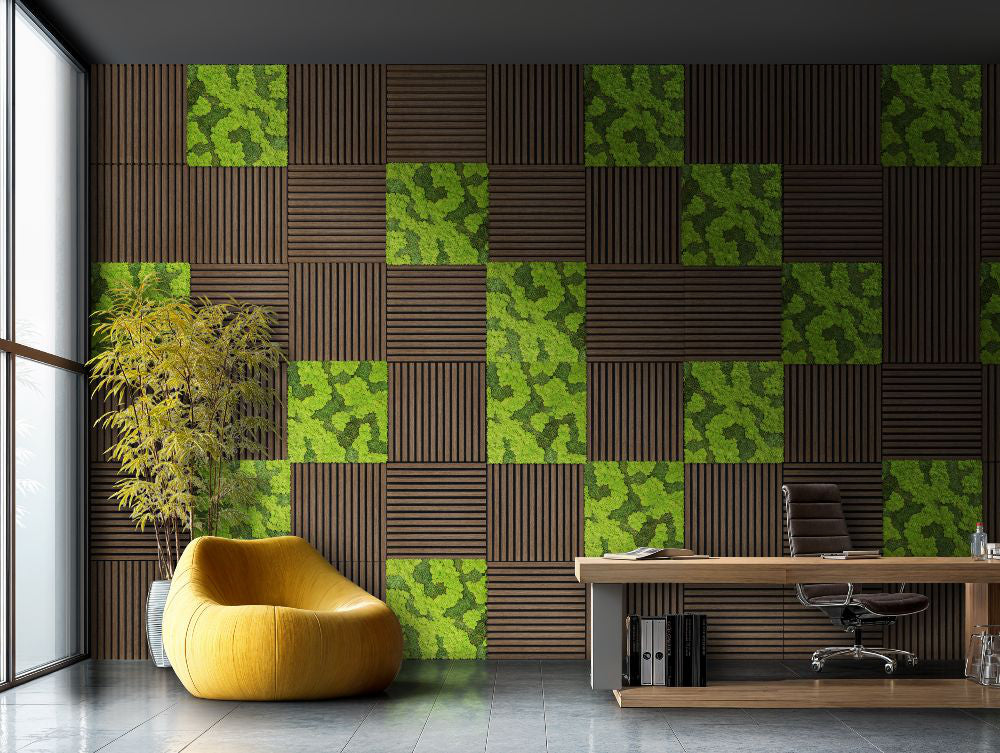 Gili Acoustic Moss and Nordic Lichen Frame in Green Finish with Lounge Chair and Table in Executive Office