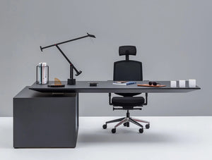 Gravity Electric Sit Stand Executive Manager Desk With Side Storage With Graphite Finish Table And Graphite Storage Base And Task Chair