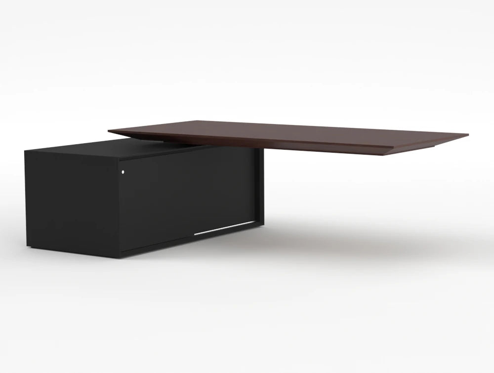 Gravity Sit Stand Executive Desk American Walnut Top Graphite Frame Body Right