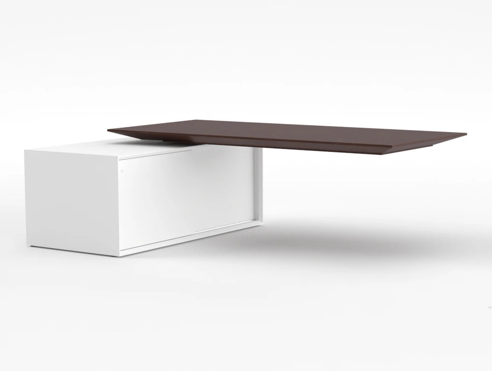 Gravity Sit Stand Executive Desk American Walnut Top White Frame Body Right