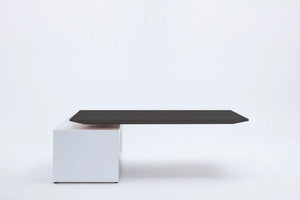 Gravity Sit Stand Executive Desk Graphite Top White Frame Body Left