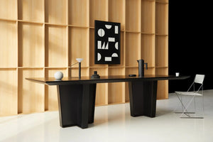 Gravos Conference Table in Black Finish with Black Abstract Art and Metal Chair in Modern Office Setting