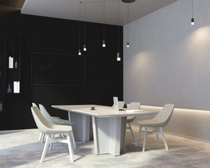 Gravos Conference Table in White Finish with White Chair in Meeting Room Setting