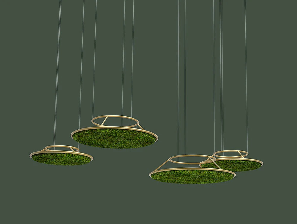 Green Mood Moss Acoustic Circle Wall Hanging Panels With Gold Structure And Ball Moss Filling In Dark Office Setting Close View