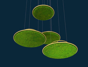 Green Mood Moss Acoustic Circle Wall Hanging Panels With Gold Structure And Lichen Miss Filling Close View