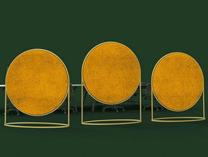 Green Mood Moss Acoustic Circular Free Standing Screen With Brass Frame And Lichen And Ball Moss Filling With Dark Green Background