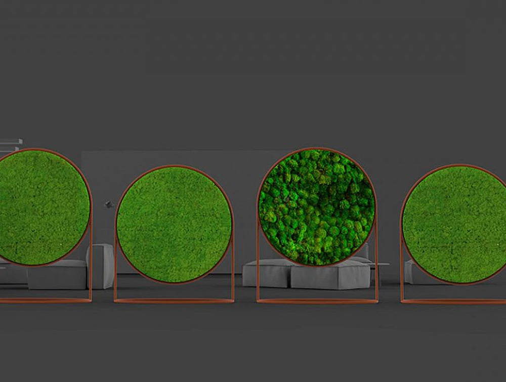 Green Mood Moss Acoustic Circular Free Standing Screen With Corten Frame And Lichen And Ball Moss Filling With Dark Grey Background