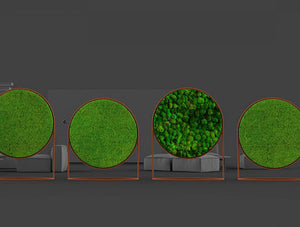 Green Mood Moss Acoustic Circular Free Standing Screen With Corten Frame And Lichen And Ball Moss Filling With Dark Grey Background