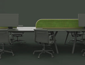 Green Mood Moss Acoustic Desk Screens With Gold Structure In Dark Office Setting