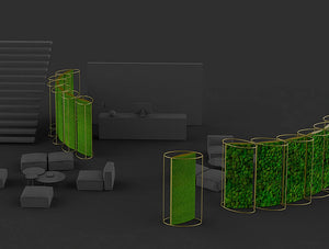 Green Mood Moss Acoustic Room Dividers With Brass Structure And Lichen And Ball Moss Filling Far View