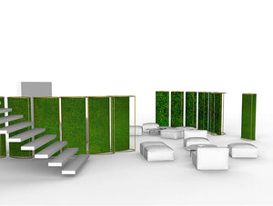 Green Mood Moss Acoustic Room Dividers With Brass Structure And Lichen And Ball Moss Filling In Reception Area Far