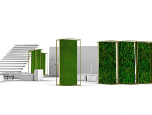 Green Mood Moss Acoustic Room Dividers With Brass Structure And Lichen And Ball Moss Filling In Reception Area