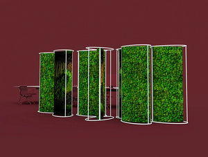 Green Mood Moss Acoustic Room Dividers With Matte White Structure And Ball Moss Filling In Maroon Background Close View