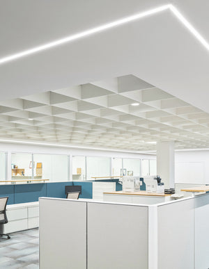 Ezoboard Grid Canopy Acoustic Hanging Unit In White Finish With White Cubicle And Two Toned Swivel Chair In Office Setting