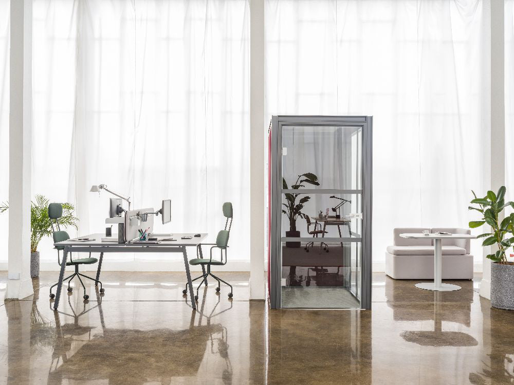 Hako Acoustic Boothwith Bench Desk and Modular Sofa in Reception Setting