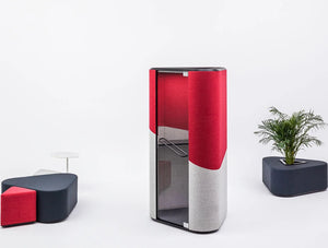Hana Compact Acoustic Phone Booth Displayed With Poufs 02