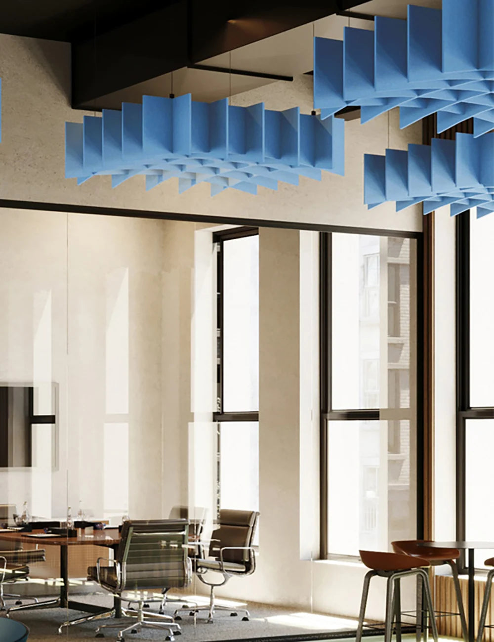 Ezoboard Hanging Sheet Ceiling Panel In Blue Finish With Brown Boardroom Armchair And Wooden Table In Meeting Room Setting