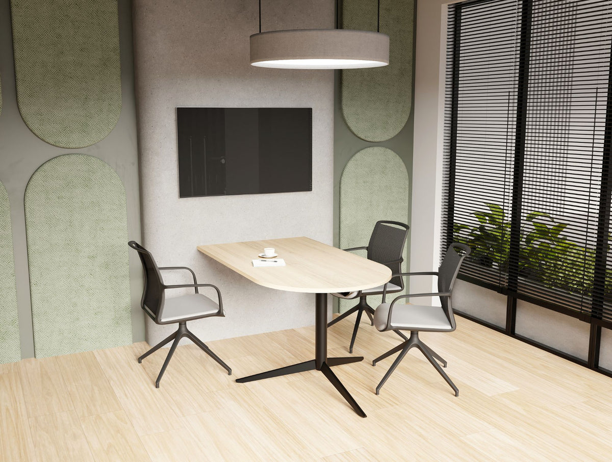 Harmon Media Table with Vela Pyramidial Base Chair in Modern Office Setting