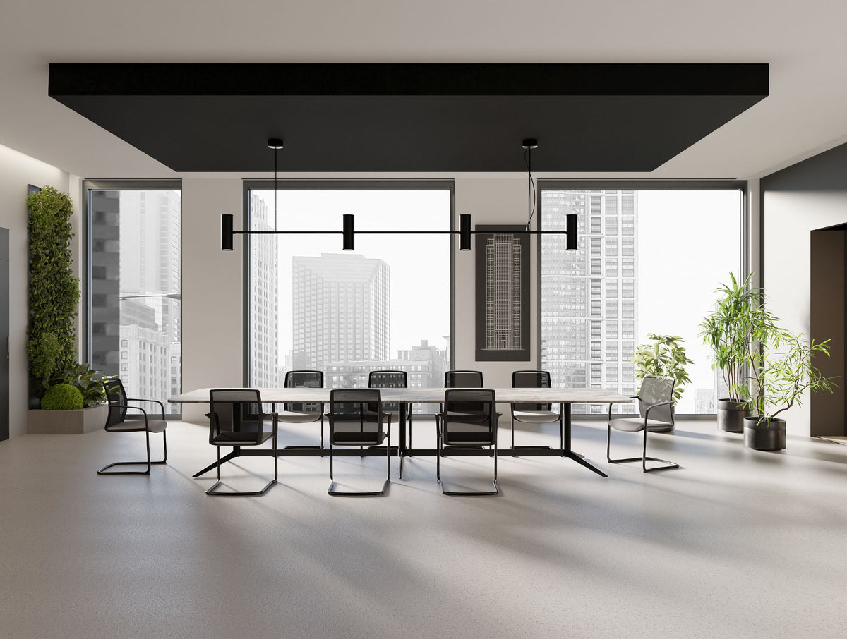 Harmon Triple Base Rectangular Curved Meeting Room Table with Black Finish Vela Sled Base Meeting Room Chair in Meeting Room Setting 2