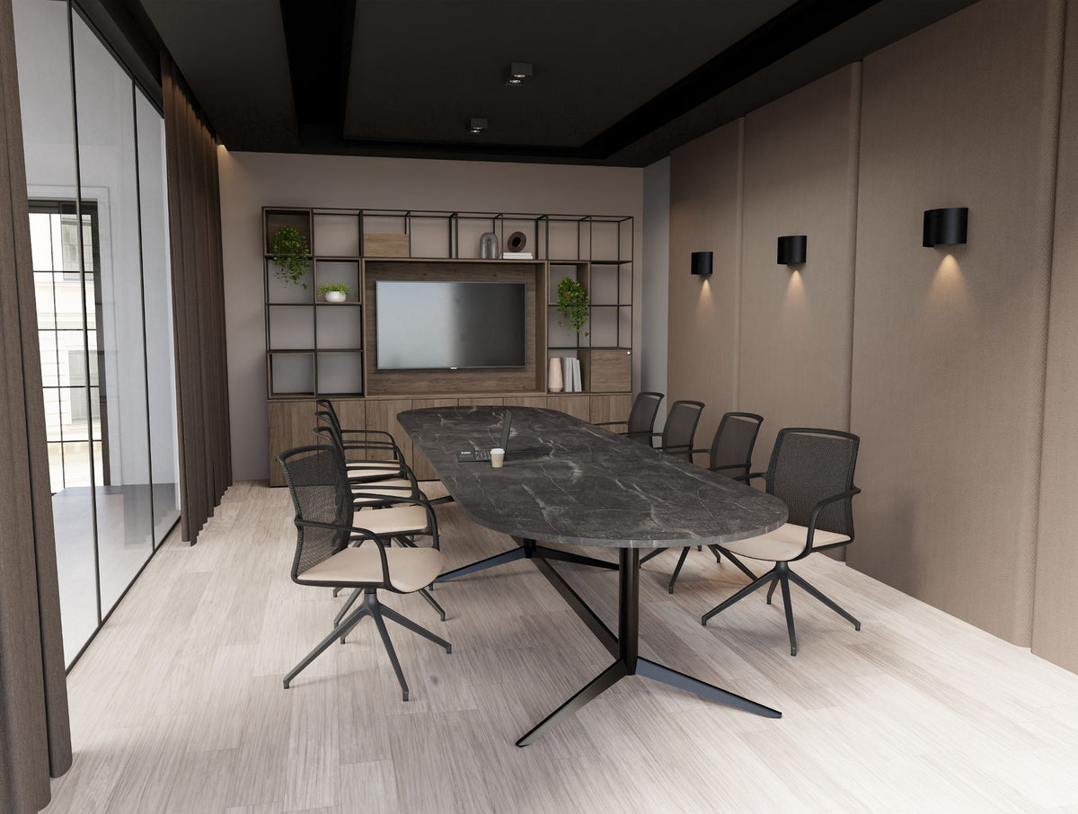 Harmon Triple Base with Oval Top Table in Black Marble Top Finish with Vela Meeting Room Chair in Pyramidial Base with Ionic Cube Grid Large Media Unit on Tall Storage in Meeting Room Setting 2