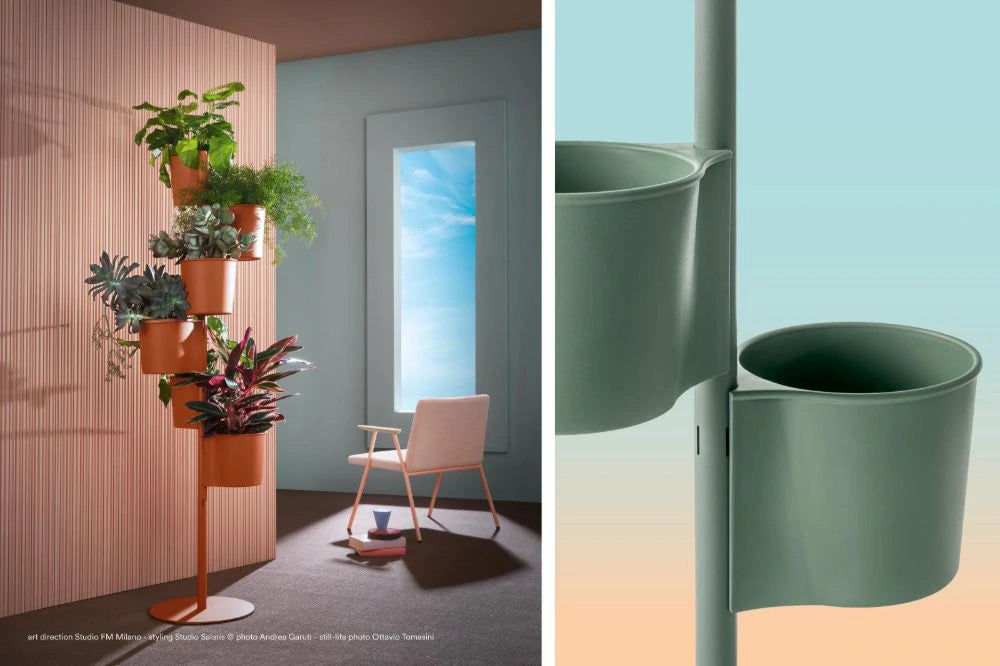 Hevea 5183 Space Partition with Pot Holders in Terracotta with Light Pink Armchair