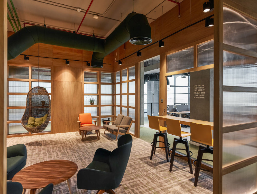 High Back Lounge Chair Office Furniture With Round Coffee Table And Stool In Breakout Setting