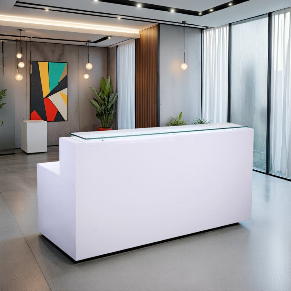 High Gloss Reception Unit with Glass Top White in Modern Reception Area