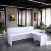 High Gloss White Return Reception Desk with Indoor Plant and Sofa in Reception Setting