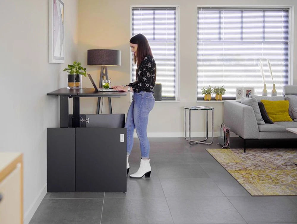 Homefit Smart Cabinet With Height Adjustable Worktop And Storage Shelf In Black In Situ Extended