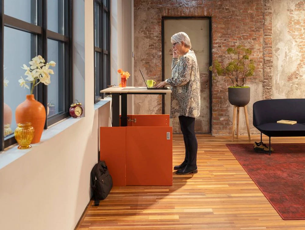 Homefit Smart Cabinet With Height Adjustable Worktop And Storage Shelf In White And Orange In Situ Extended