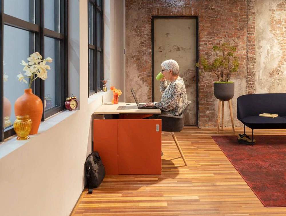 Homefit Smart Cabinet With Height Adjustable Worktop And Storage Shelf In White And Orange In Situ Open