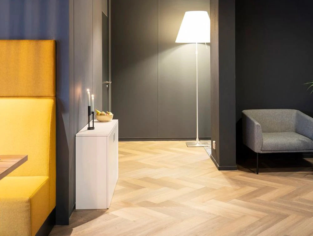 Homefit Smart Cabinet With Height Adjustable Worktop And Storage Shelf In White In Situ Stored