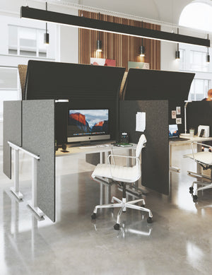 Ezoboard Hoody Desk Screen And Cover In Brown Finish With White Table And Two Toned Armchair In Office Setting