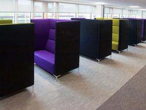 Huddle Modular Booth High Seating Pod With Purple And Green Interior Upholstered Finish