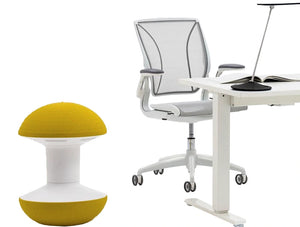 Humanscale Ballo Multi purpose Balance Stool with White Mesh Chair and Office Desk Table