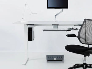 Humanscale Cpu600 Under Desk Cpu Holder In Aluminum Finish 4 Under White Table With Black Chair